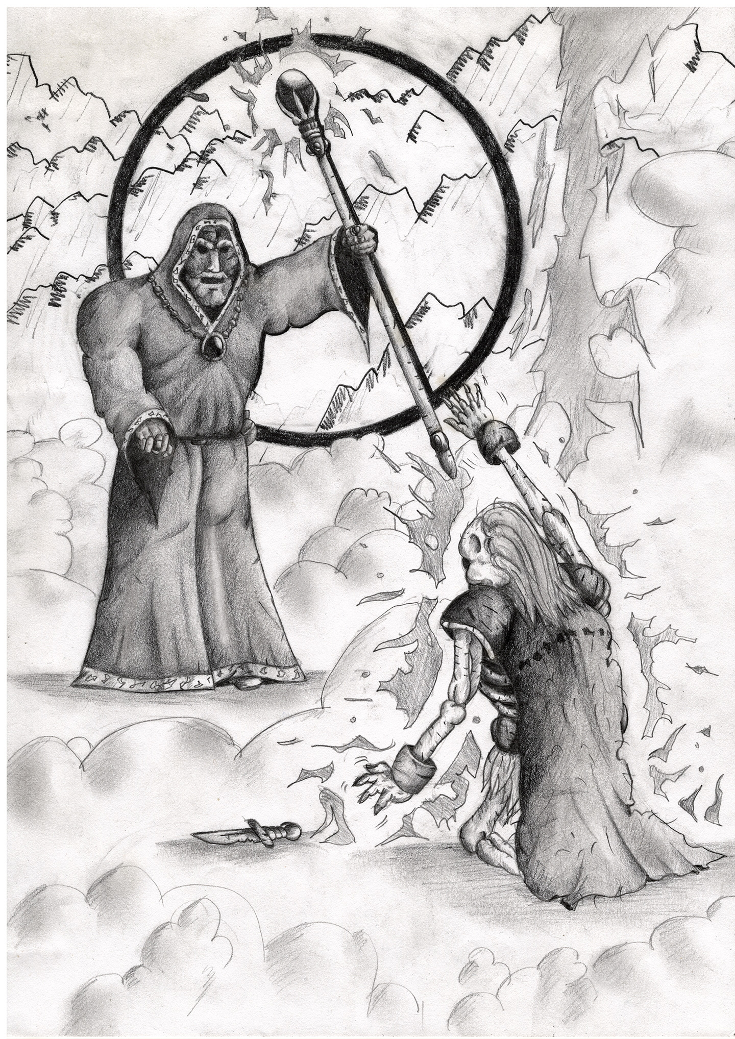 A drawing about a magician casting a spell on a skeleton warrior to dominate it