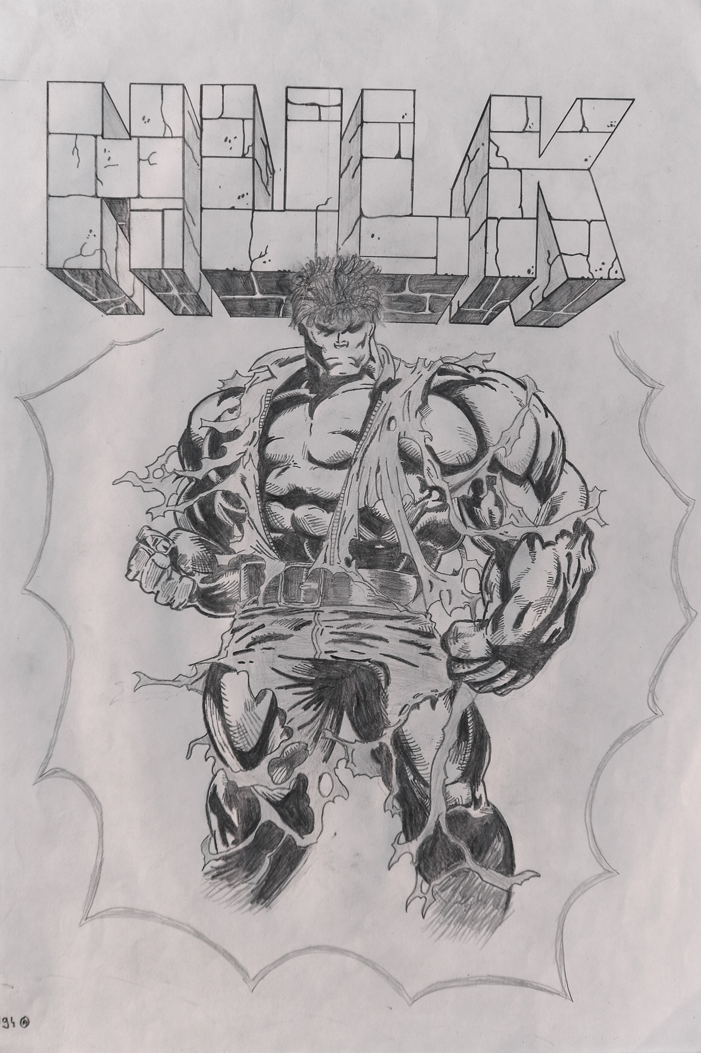 A black and white drawing of The Hulk from Marvel Comics