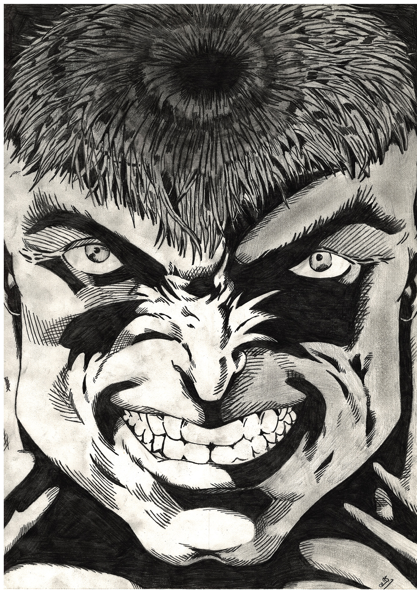 A black and white drawing of The Hulk’s head from Marvel Comics