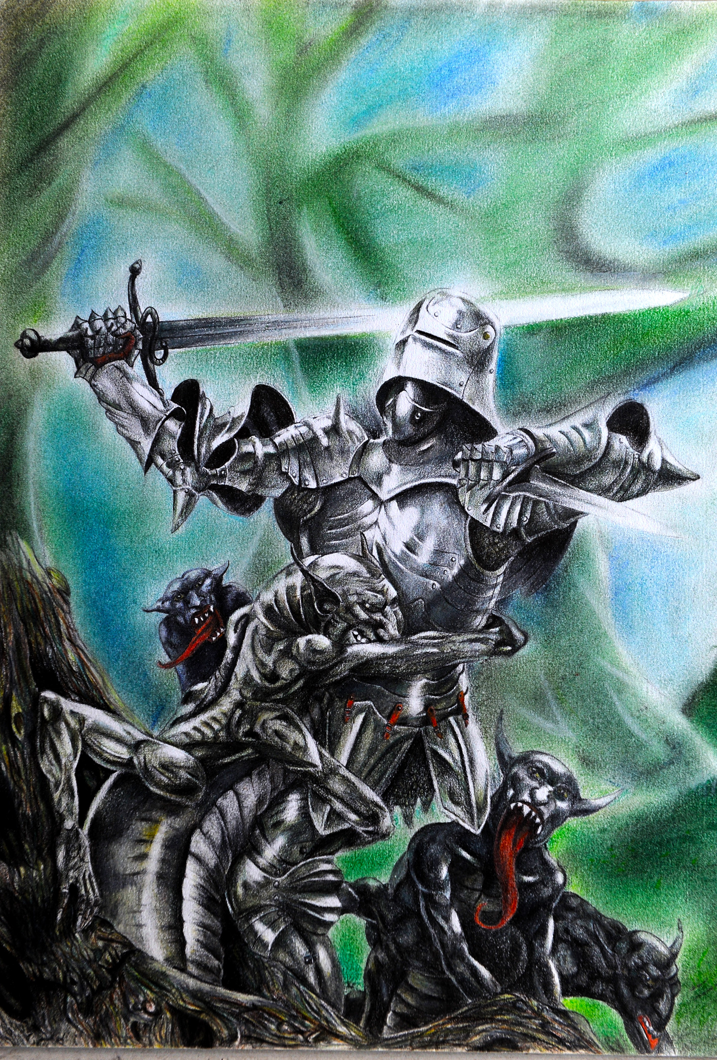 Un dessin en couleur d’un chevalier combattant des créatures maléfiques dans des bois sombres