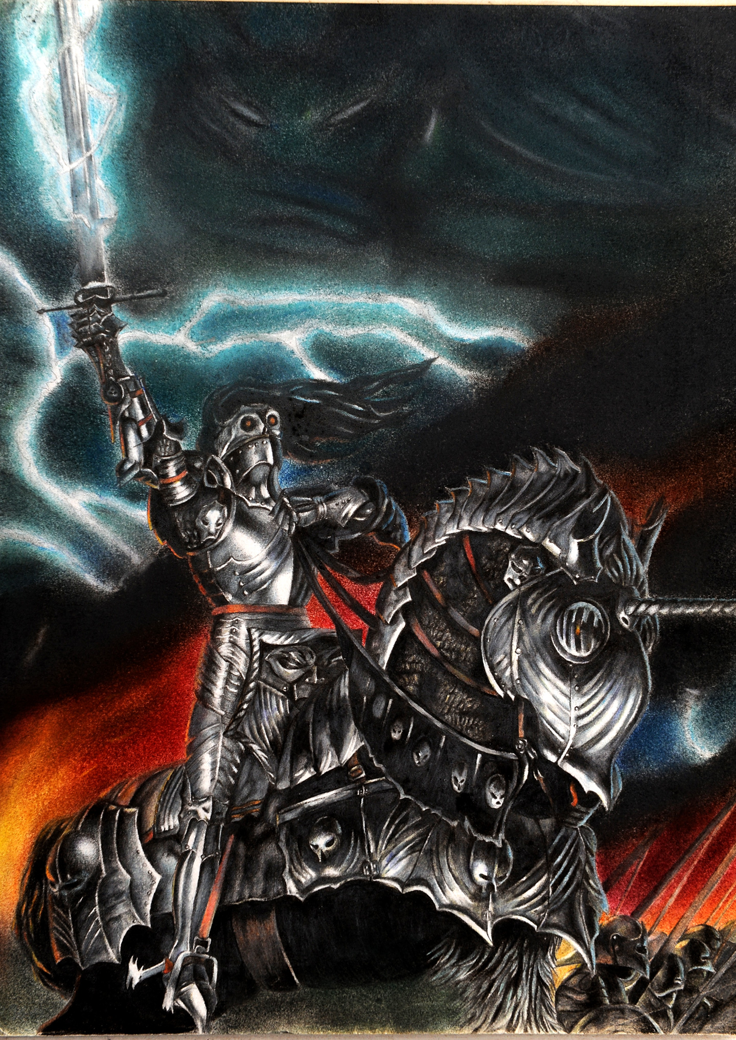 A color drawing of a malefic knight on a big horse wearing a magnificent shiny armor and brandishing a magical sword