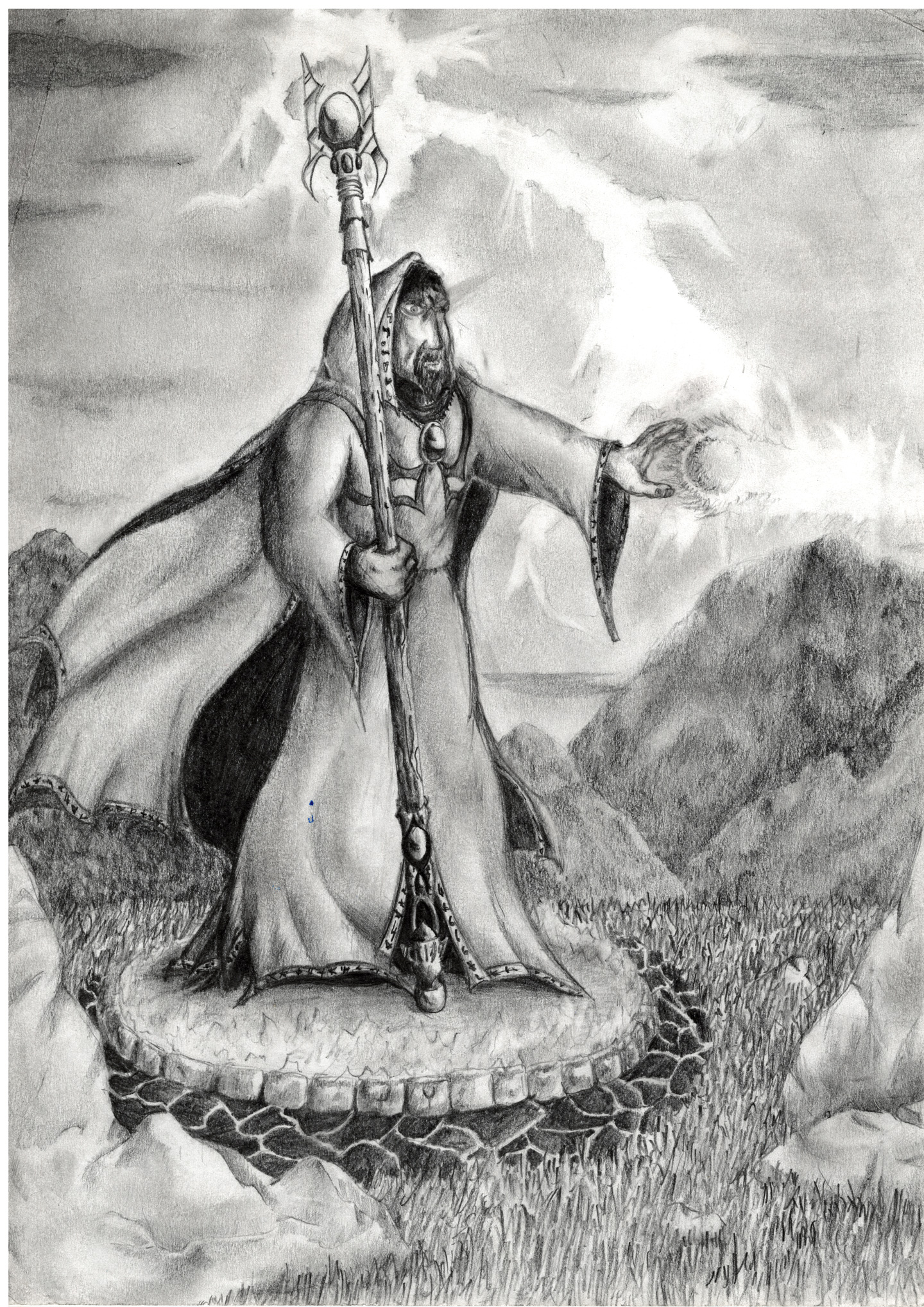 Un dessin montrant un margicien noir invoquant un sort puissant en haut d’une montagne