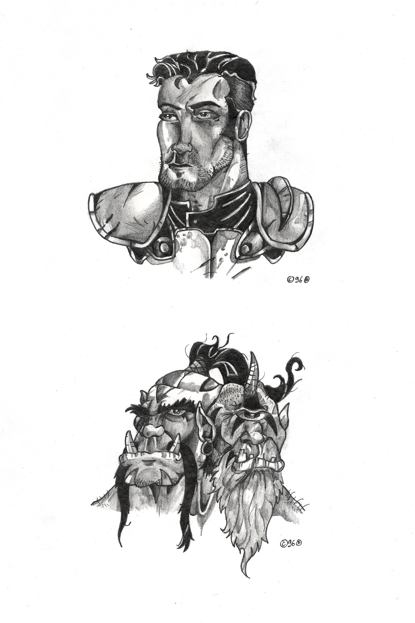 A drawing picturing heads from Warcraft II characters