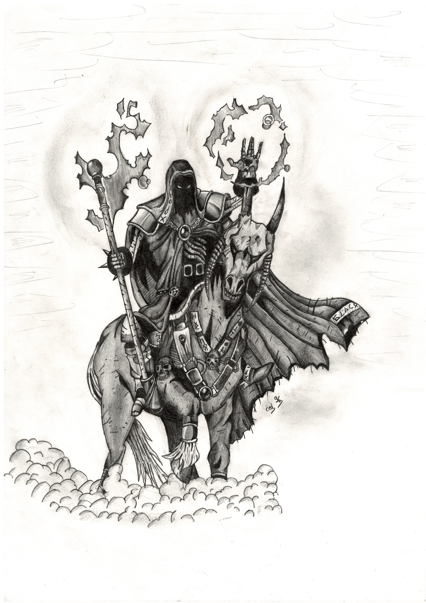Un dessin représentant un sorcier maléfique chevauchant un cheval mort