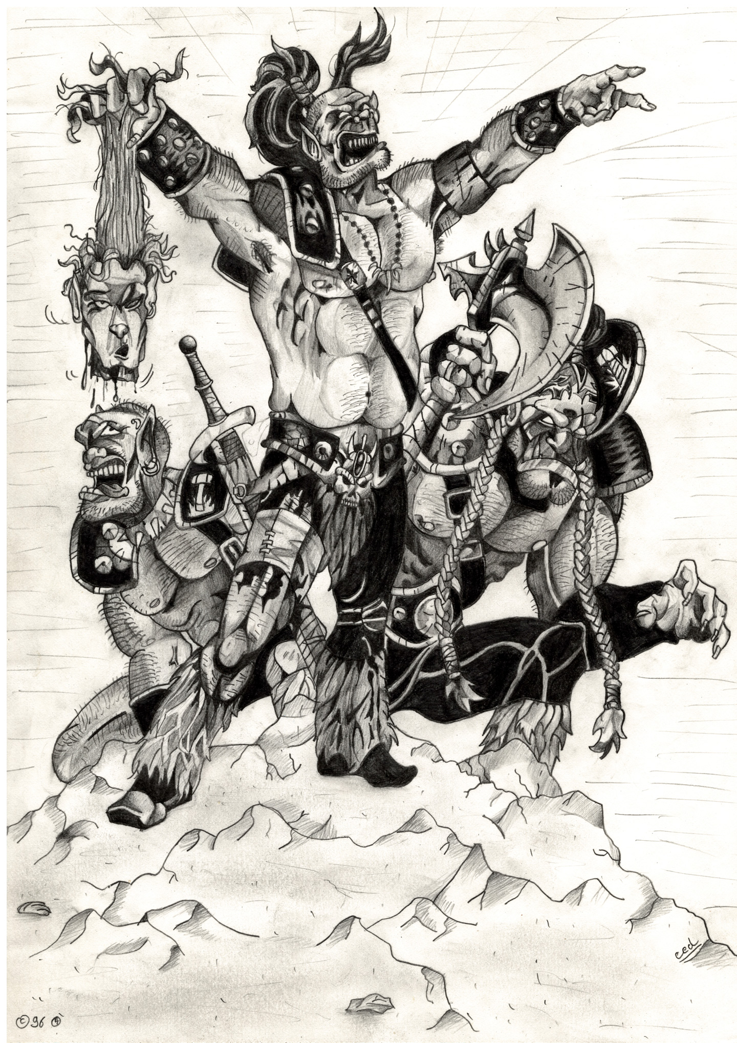 A drawing about orcs having decapitated a human
