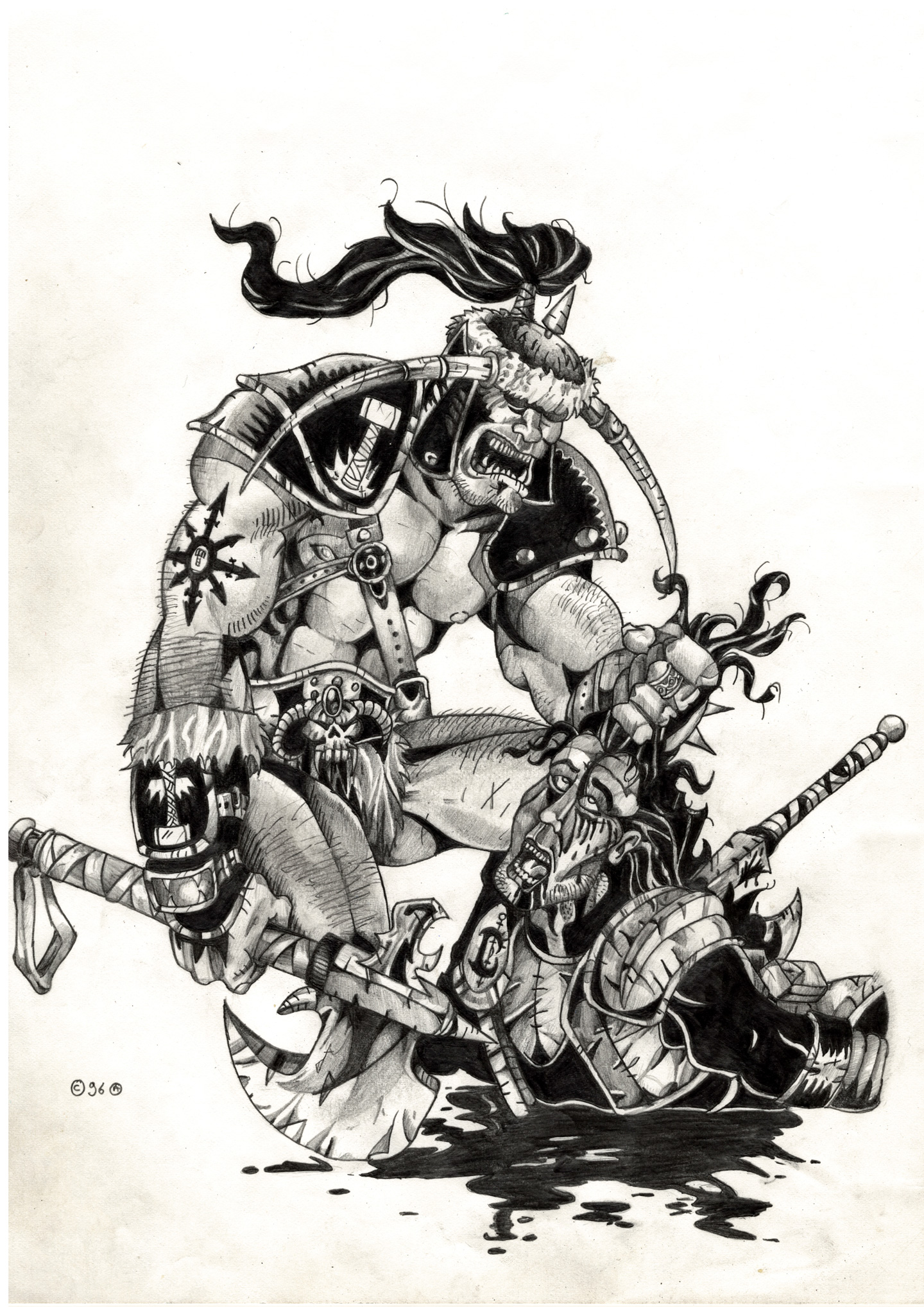 A drawing showing an orc killing violently a human