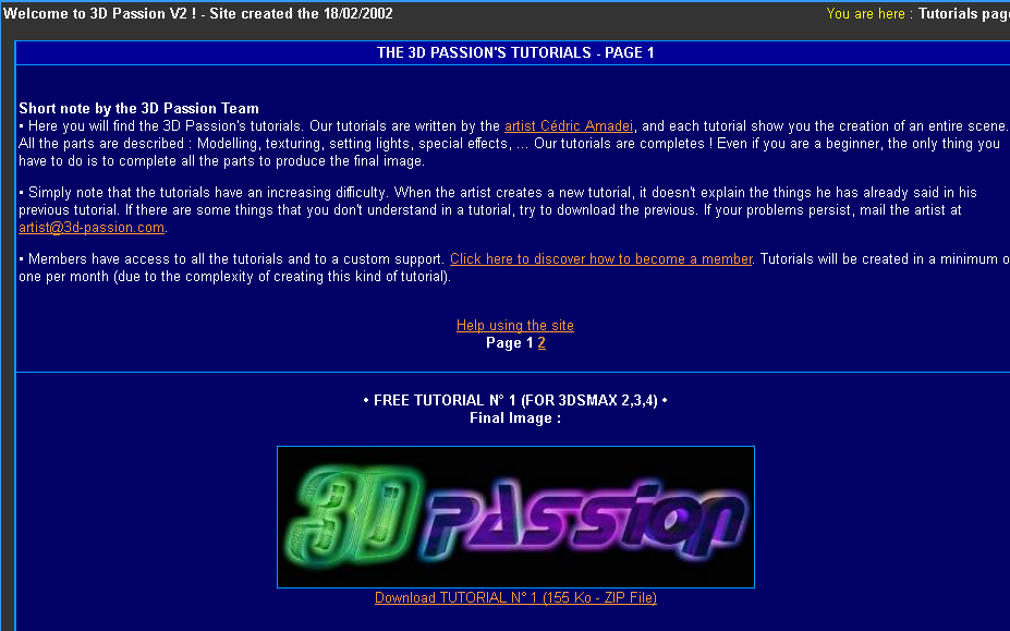 Capture écran de la page tutoriaux de 3D Passion V2